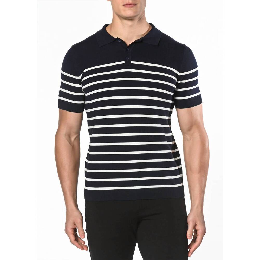 NEW POSTMARC 3-button striped knit polo shirt in navy/off white